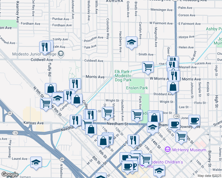 map of restaurants, bars, coffee shops, grocery stores, and more near 409 Virginia Avenue in Modesto
