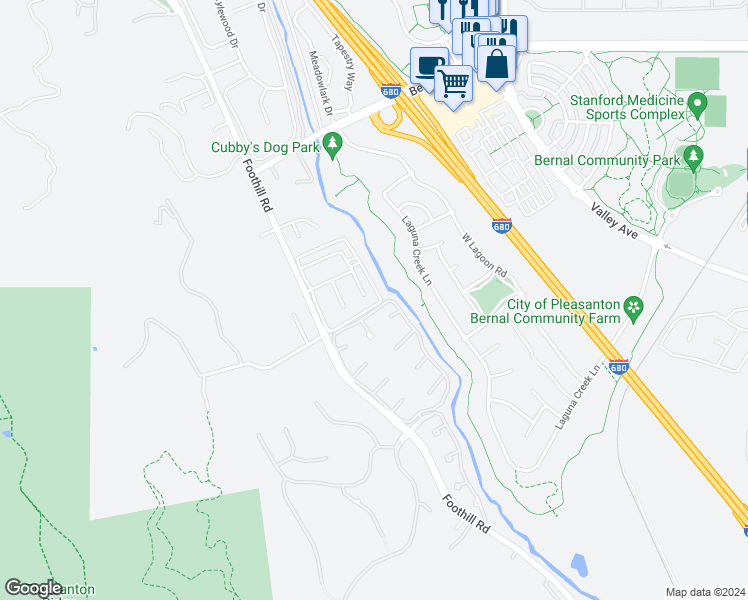 map of restaurants, bars, coffee shops, grocery stores, and more near 2113 Arroyo Court in Pleasanton