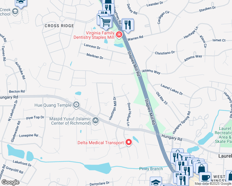 map of restaurants, bars, coffee shops, grocery stores, and more near 9705 Hastings Mill Drive in Glen Allen
