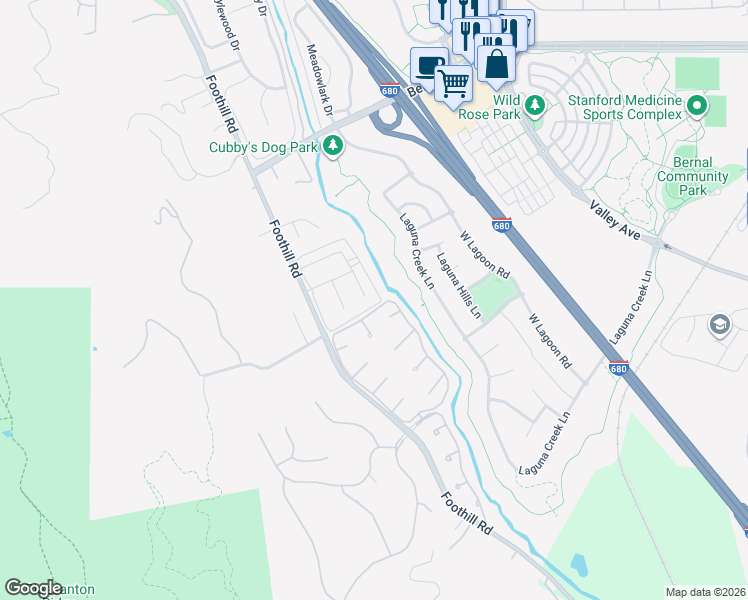 map of restaurants, bars, coffee shops, grocery stores, and more near 2113 Arroyo Court in Pleasanton