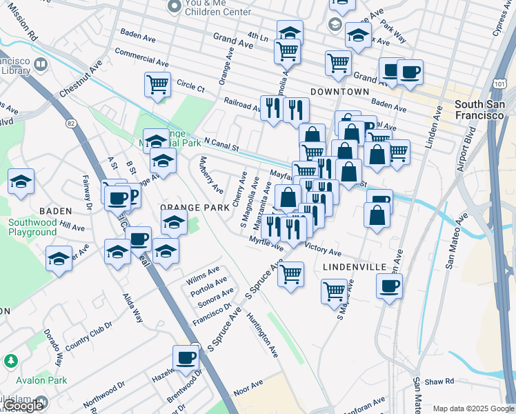 map of restaurants, bars, coffee shops, grocery stores, and more near 123 Manzanita Avenue in South San Francisco