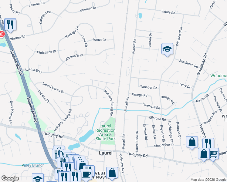 map of restaurants, bars, coffee shops, grocery stores, and more near 2922 Mary Beth Lane in Glen Allen