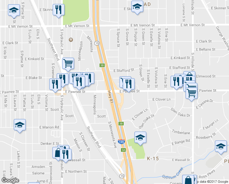 map of restaurants, bars, coffee shops, grocery stores, and more near 2353 South Spruce Street in Wichita