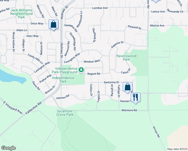 map of restaurants, bars, coffee shops, grocery stores, and more near 2553 Regent Road in Livermore