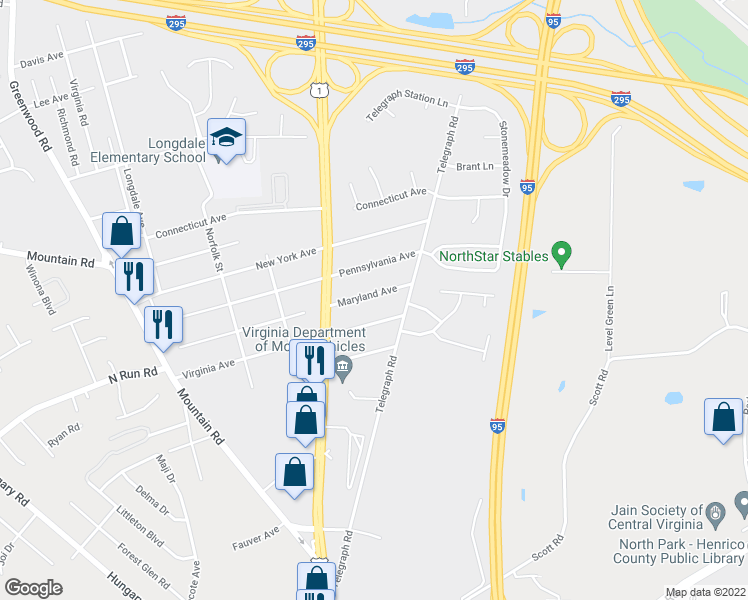 map of restaurants, bars, coffee shops, grocery stores, and more near 1115 Maryland Avenue in Glen Allen