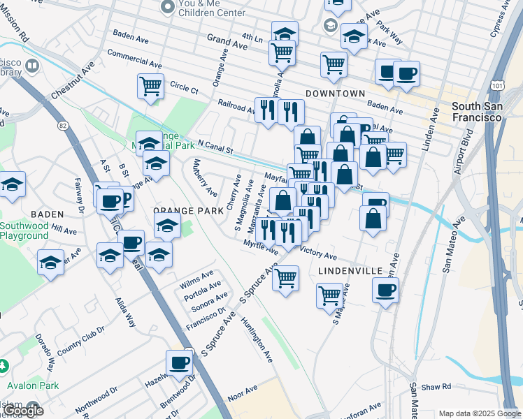 map of restaurants, bars, coffee shops, grocery stores, and more near 123 Manzanita Avenue in South San Francisco