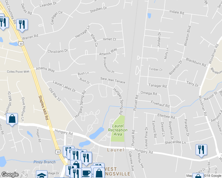 map of restaurants, bars, coffee shops, grocery stores, and more near 9500 Sara Beth Circle in Glen Allen