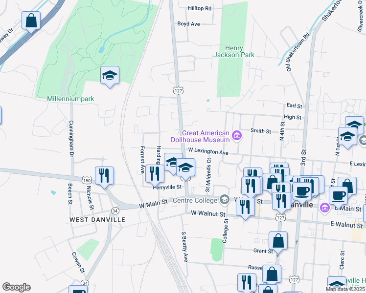 map of restaurants, bars, coffee shops, grocery stores, and more near 303 Maple Avenue in Danville