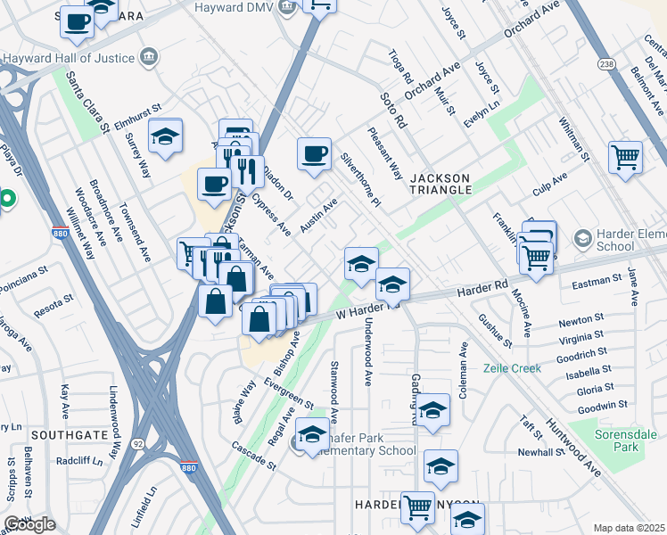map of restaurants, bars, coffee shops, grocery stores, and more near 25354 Cypress Ave in Hayward