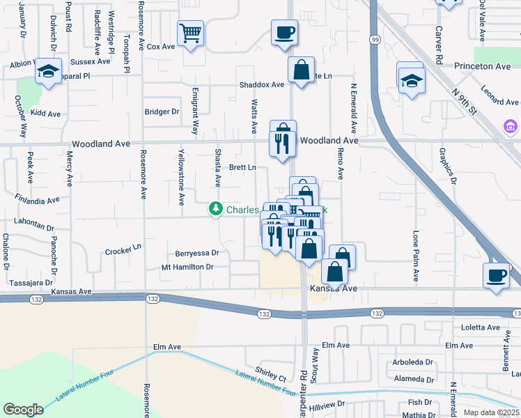 map of restaurants, bars, coffee shops, grocery stores, and more near 1109 Diablo Avenue in Modesto