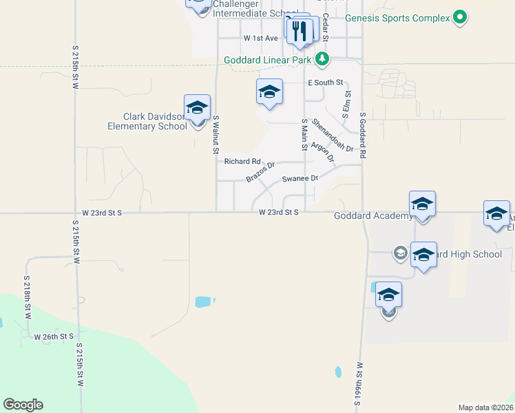 map of restaurants, bars, coffee shops, grocery stores, and more near 225 Swanee Drive in Goddard