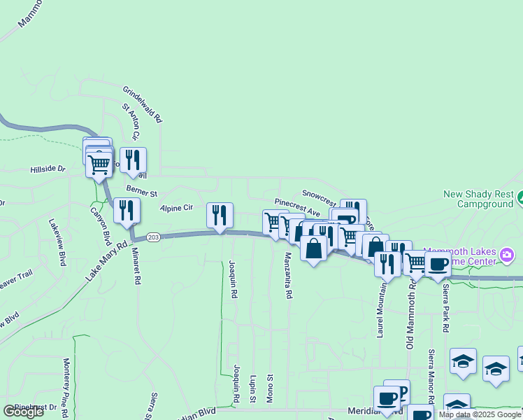 map of restaurants, bars, coffee shops, grocery stores, and more near 64 Mountain Boulevard in Mammoth Lakes