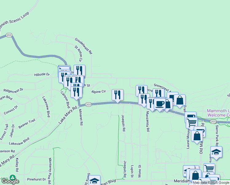 map of restaurants, bars, coffee shops, grocery stores, and more near 42-68 Alpine Cir in Mammoth Lakes