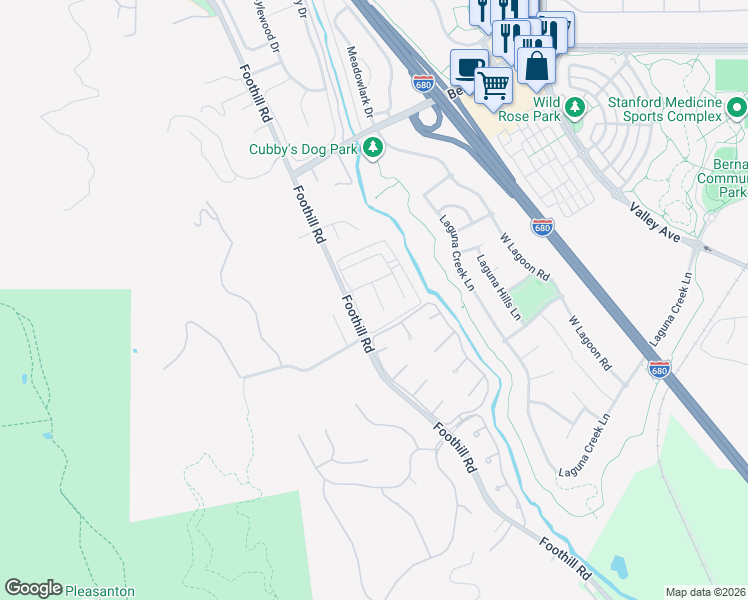 map of restaurants, bars, coffee shops, grocery stores, and more near 2389 Foothill Road in Pleasanton