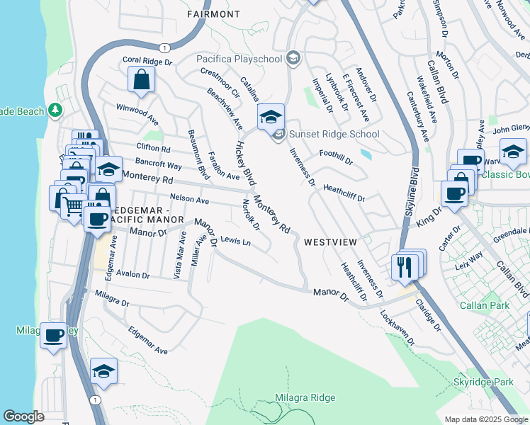 map of restaurants, bars, coffee shops, grocery stores, and more near 355 Norfolk Drive in Pacifica