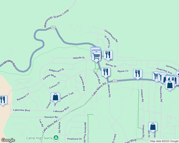 map of restaurants, bars, coffee shops, grocery stores, and more near 99 Canyon Boulevard in Mammoth Lakes