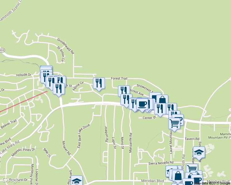map of restaurants, bars, coffee shops, grocery stores, and more near 64 Mountain Boulevard in Mammoth Lakes