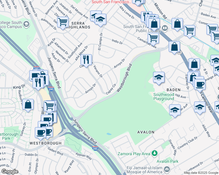 map of restaurants, bars, coffee shops, grocery stores, and more near 6 Verano Drive in South San Francisco