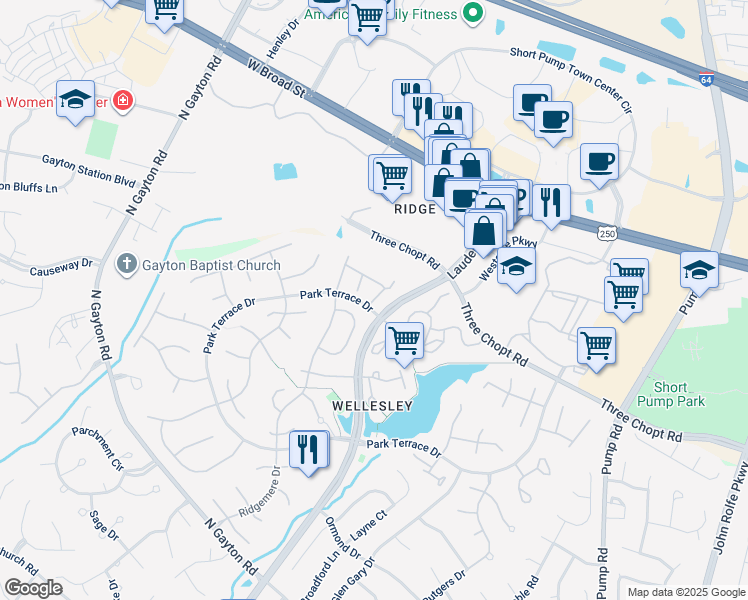 map of restaurants, bars, coffee shops, grocery stores, and more near 12002 Foxfield Circle in Henrico
