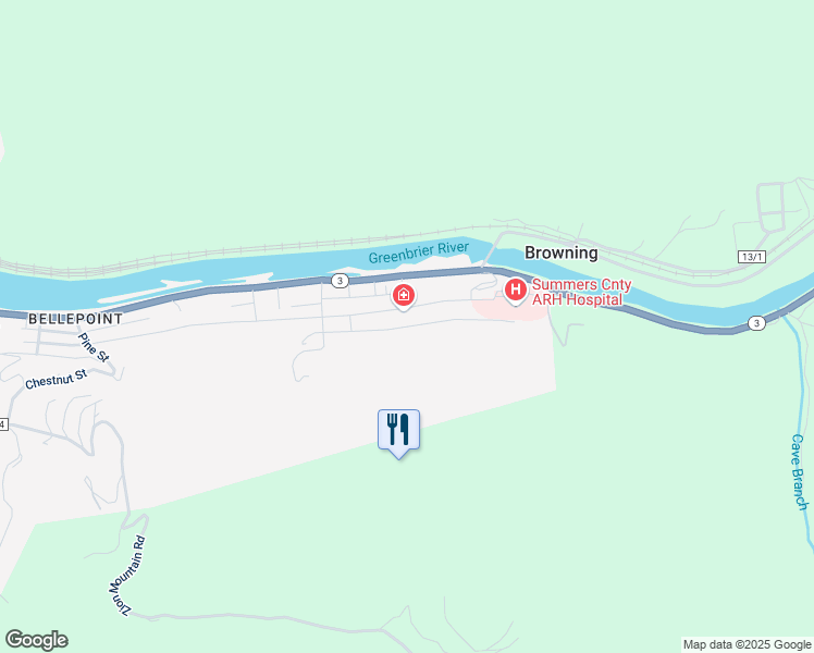 map of restaurants, bars, coffee shops, grocery stores, and more near Walnut Street in Hinton