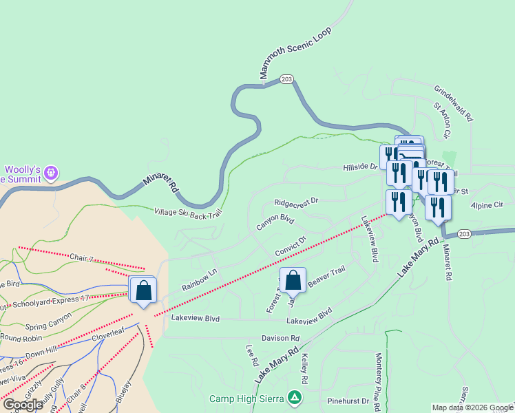 map of restaurants, bars, coffee shops, grocery stores, and more near 1705 Forest Trail in Mammoth Lakes