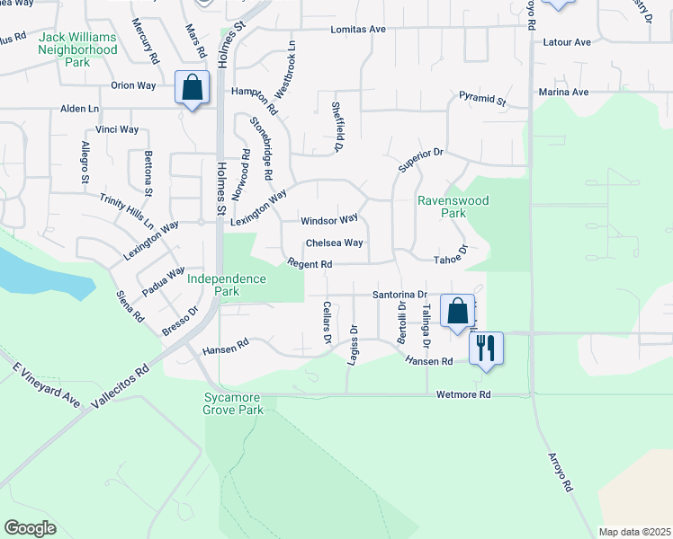 map of restaurants, bars, coffee shops, grocery stores, and more near 2553 Regent Road in Livermore