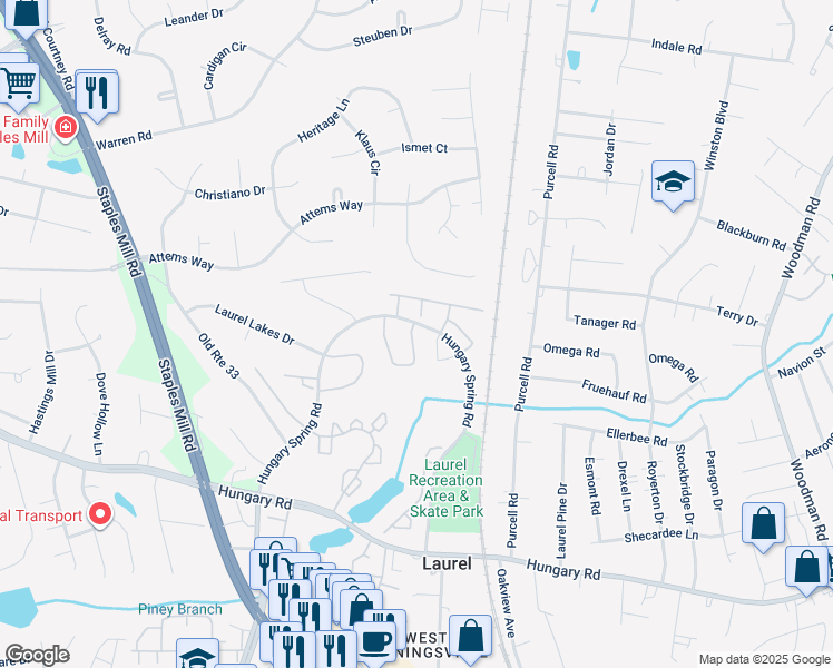 map of restaurants, bars, coffee shops, grocery stores, and more near 9590 Kimberly Lynn Circle in Glen Allen