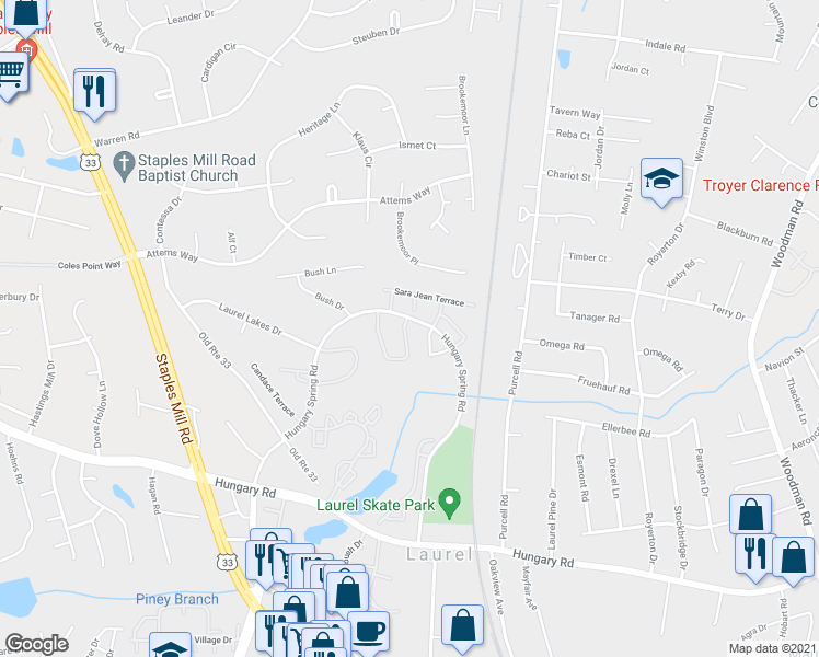 map of restaurants, bars, coffee shops, grocery stores, and more near 9590 Kimberly Lynn Circle in Glen Allen