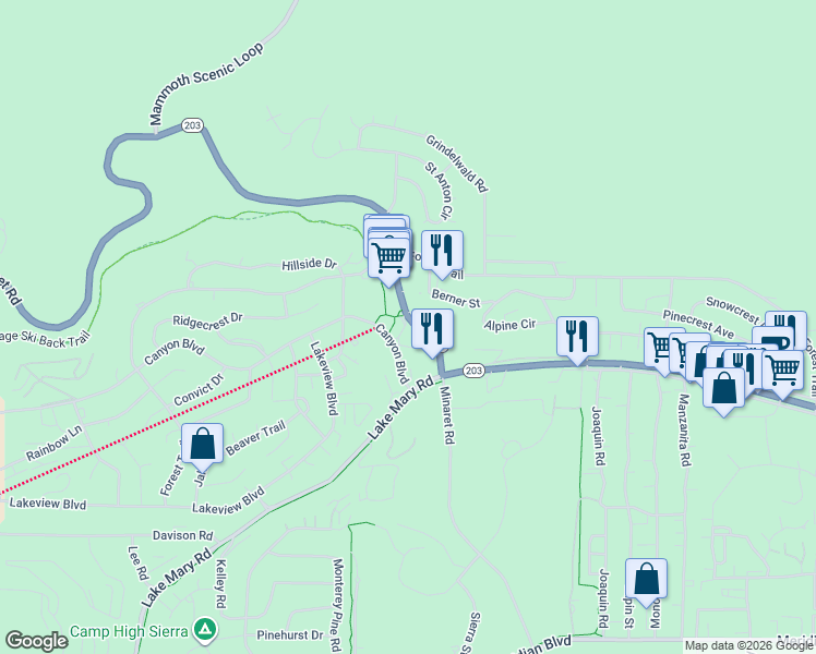 map of restaurants, bars, coffee shops, grocery stores, and more near 80 Minaret Road in Mammoth Lakes