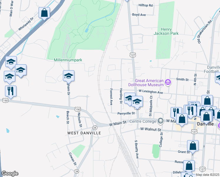 map of restaurants, bars, coffee shops, grocery stores, and more near 1009 West Lexington Avenue in Danville