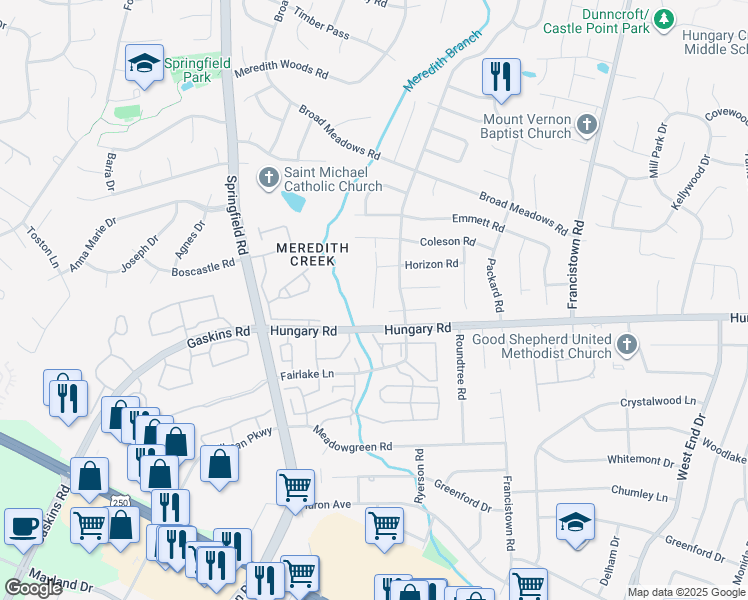 map of restaurants, bars, coffee shops, grocery stores, and more near 9460 Hungary Road in Glen Allen