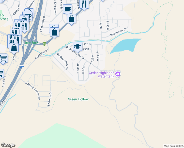 map of restaurants, bars, coffee shops, grocery stores, and more near Sunset Circle in Cedar City