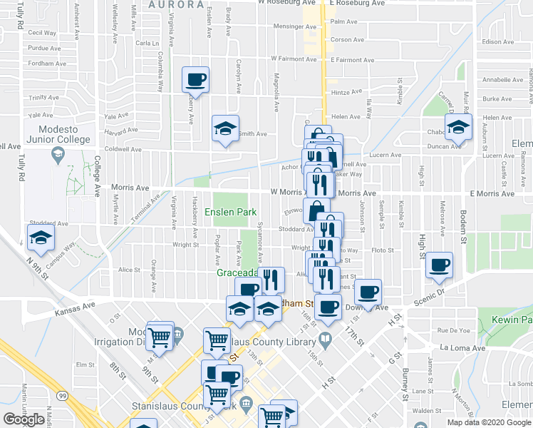 map of restaurants, bars, coffee shops, grocery stores, and more near 418 Sycamore Avenue in Modesto
