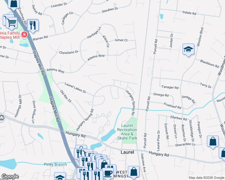 map of restaurants, bars, coffee shops, grocery stores, and more near 9511 Kimberly Lynn Circle in Glen Allen