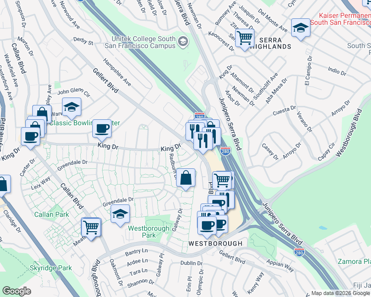 map of restaurants, bars, coffee shops, grocery stores, and more near 3832 Annapolis Court in South San Francisco