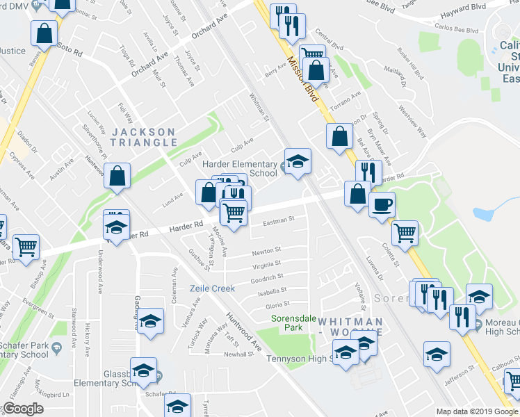 map of restaurants, bars, coffee shops, grocery stores, and more near Harder Road in Hayward