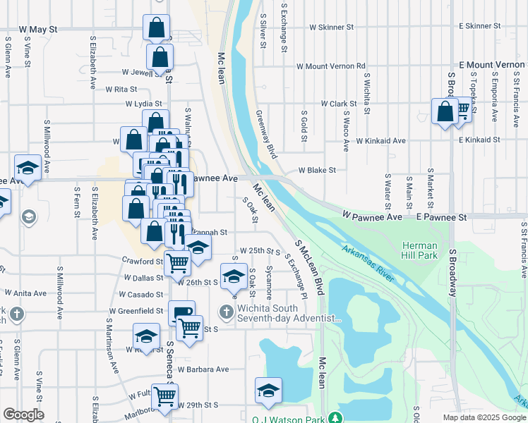map of restaurants, bars, coffee shops, grocery stores, and more near 2470 South Oak Street in Wichita