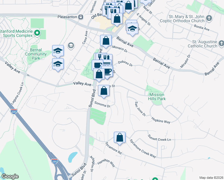 map of restaurants, bars, coffee shops, grocery stores, and more near 5467 Sonoma Drive in Pleasanton