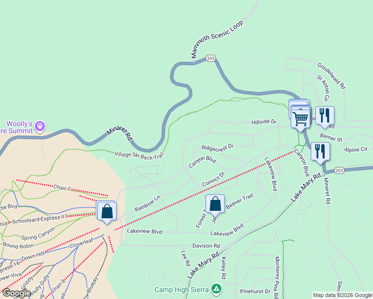map of restaurants, bars, coffee shops, grocery stores, and more near 1705 Forest Trail in Mammoth Lakes