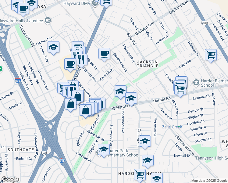map of restaurants, bars, coffee shops, grocery stores, and more near 25354 Cypress Avenue in Hayward