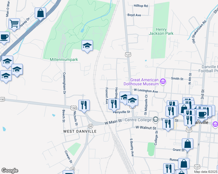 map of restaurants, bars, coffee shops, grocery stores, and more near 1009 West Lexington Avenue in Danville
