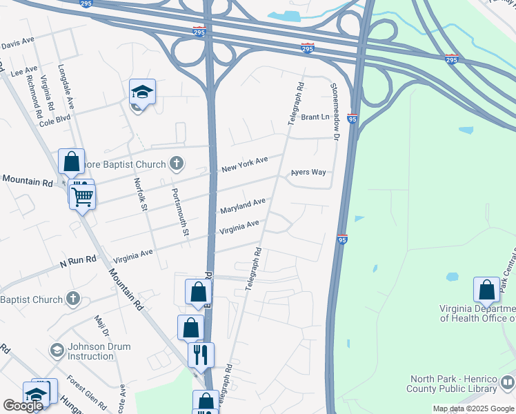 map of restaurants, bars, coffee shops, grocery stores, and more near 1107 Maryland Avenue in Glen Allen