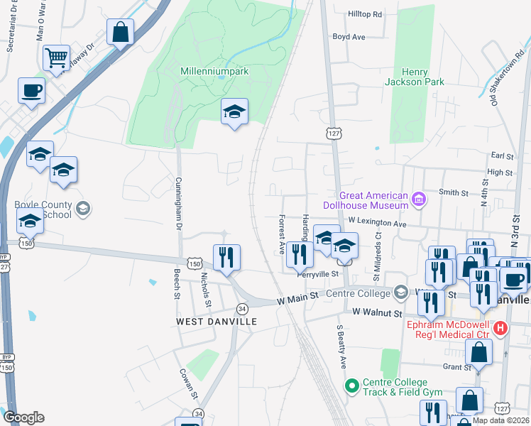 map of restaurants, bars, coffee shops, grocery stores, and more near 1115 West Lexington Avenue in Danville