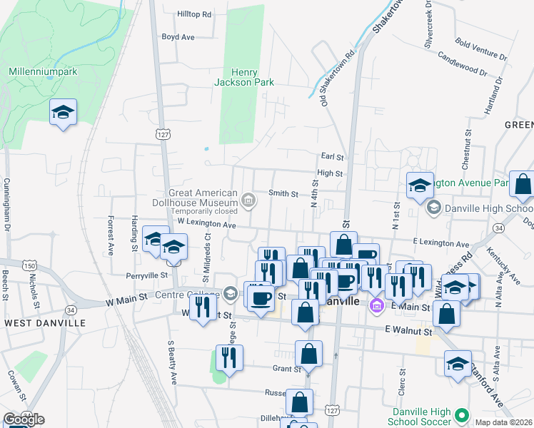 map of restaurants, bars, coffee shops, grocery stores, and more near 323 North 5th Street in Danville