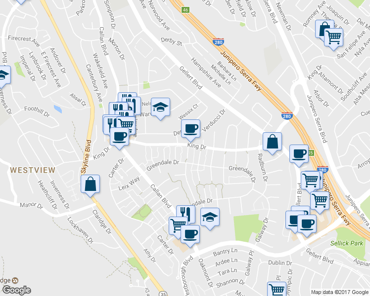 map of restaurants, bars, coffee shops, grocery stores, and more near 3973 Stein Court in South San Francisco