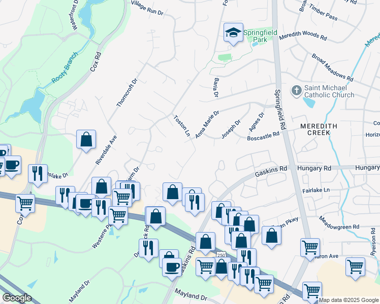 map of restaurants, bars, coffee shops, grocery stores, and more near 10637 Toston Lane in Glen Allen