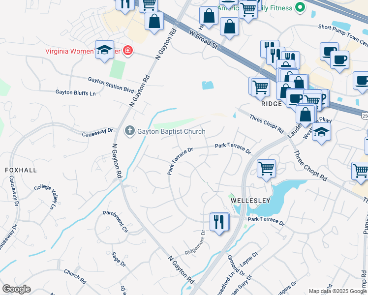 map of restaurants, bars, coffee shops, grocery stores, and more near 3800 Ivyglen Drive in Short Pump