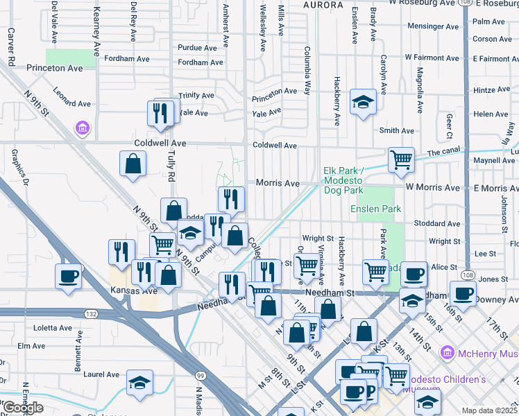 map of restaurants, bars, coffee shops, grocery stores, and more near 415 Myrtle Avenue in Modesto