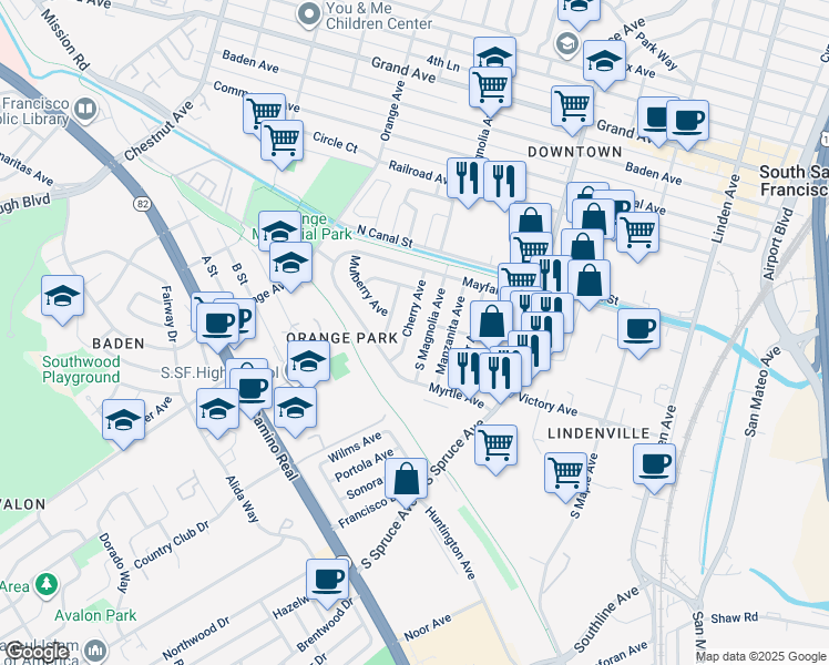 map of restaurants, bars, coffee shops, grocery stores, and more near 127 Cherry Avenue in South San Francisco