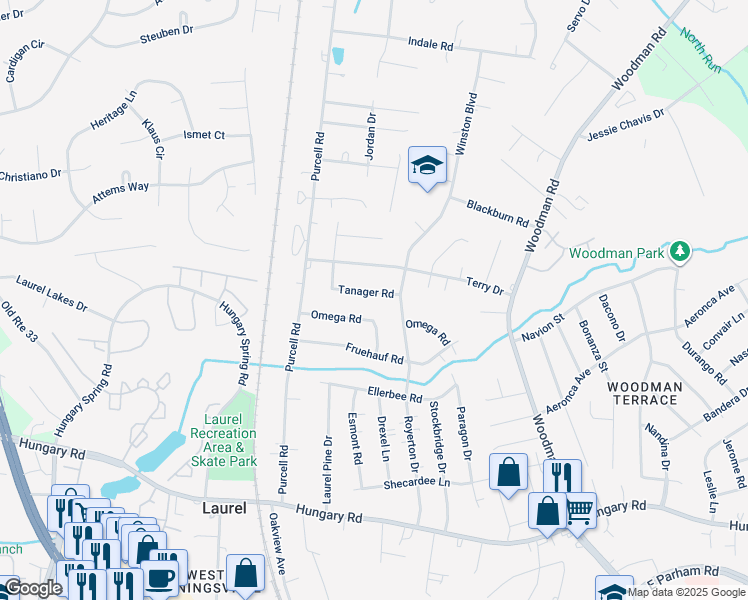 map of restaurants, bars, coffee shops, grocery stores, and more near 2707 Tanager Road in Richmond